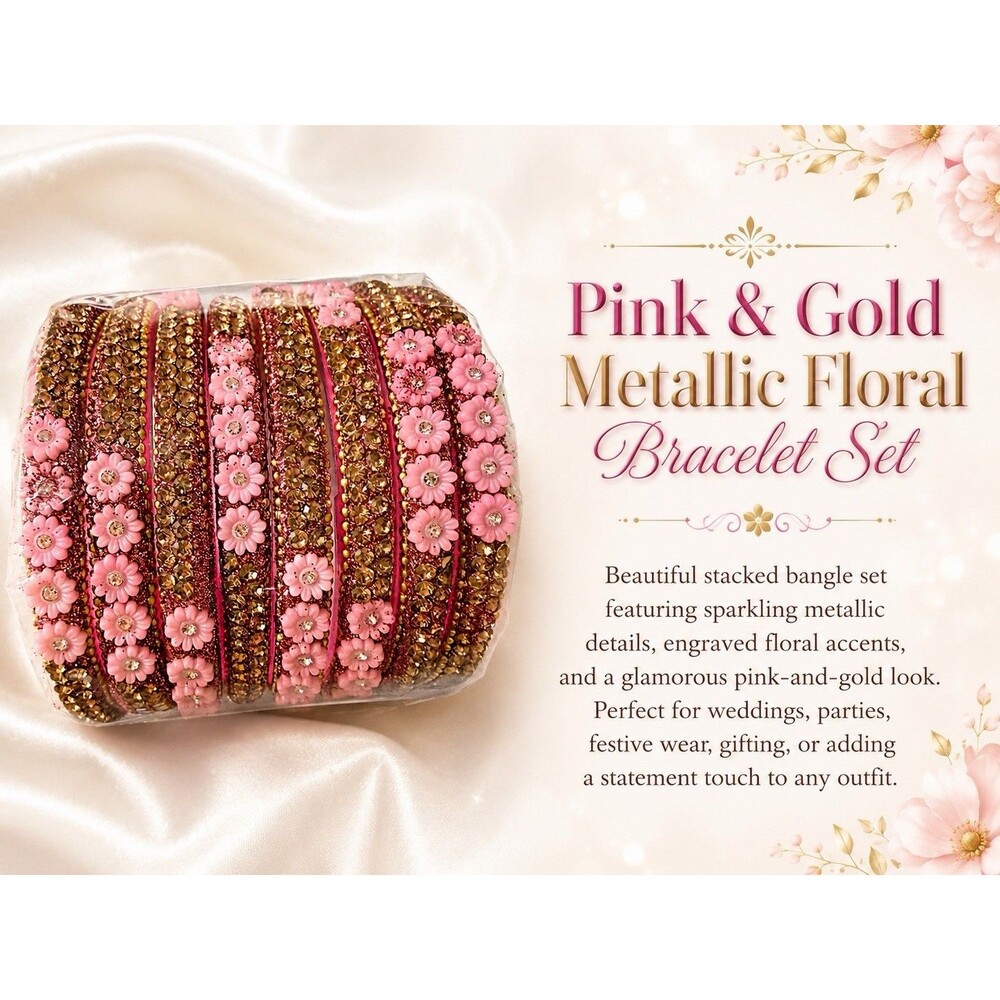 Women’s Pink & Gold Metallic Floral Bracelet Set